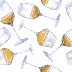 seamless watercolor pattern with wine glasses with red wine on a white background