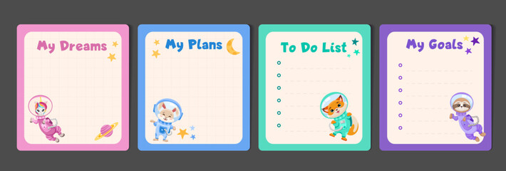 Kids stationery set with memo planners, to-do lists with cute astronaut animals in space suits, template for planning, day agenda, checklists. Vector flat illustration with colorful design