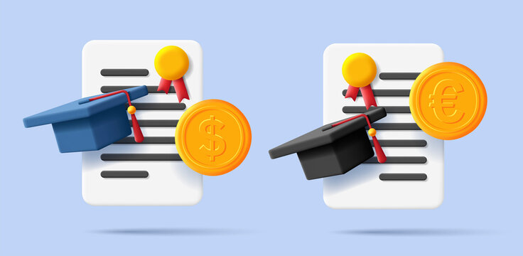 3d icons of diploma with stamp and graduate hat with golden coin. Vector illustration