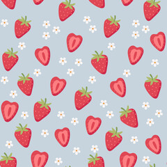 Strawberry pattern. Cute colorful strawberries with flowers and leaves in doodle style, vector illustration