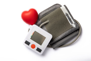 Black tonometer and heart isolated on white.Medical equipment blood pressure monitor.Health care....