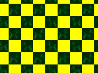 Funny yellow green seamless pattern with split image. Dog figures from a modeling balloon in a checkerboard pattern