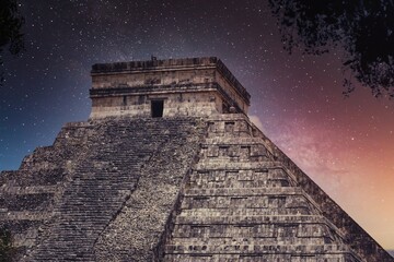 Mayan Ruins Chichen Itza Castillo Historical Pyramidnight Milky Way Sky Mexico Yucatan Archeological Temple