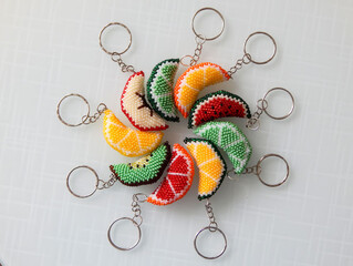 Colorful key chains on a white