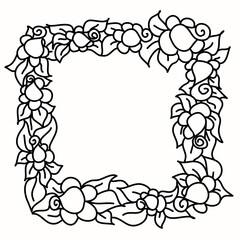 Frame with flowers and leaves, black line isolated on white vector