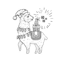 Christmas llama animal. Funny Christmas card. Fun lama in Santa hat. Coloring book line art. Cute girl cartoon drawing. Santa claus reindeer lama. Winter alpaca, nordic print. Holiday peru baby llama © Olga Che