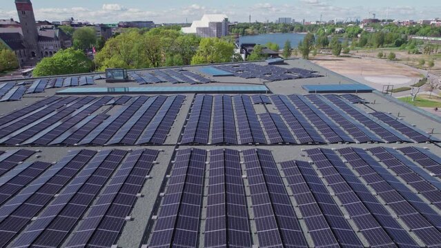 Aerial view of the solar panels on the roof of a building in Central Helsinki, Finland
