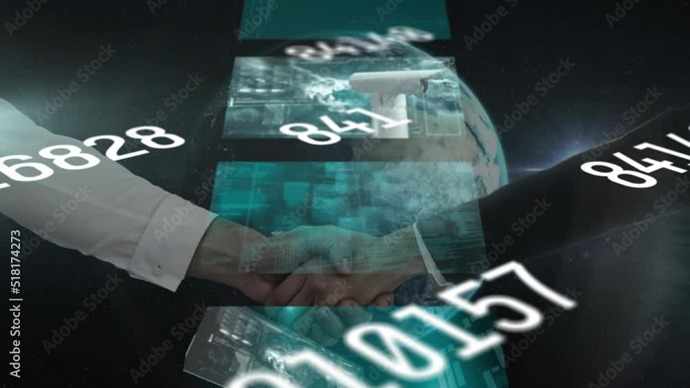 Poster animation of data processing on screens over people shaking hands
