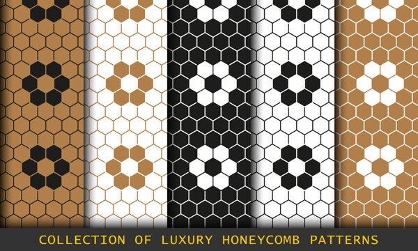 Honeycombs set of geometric seamless patterns. Abstract hexagons geometric graphic design