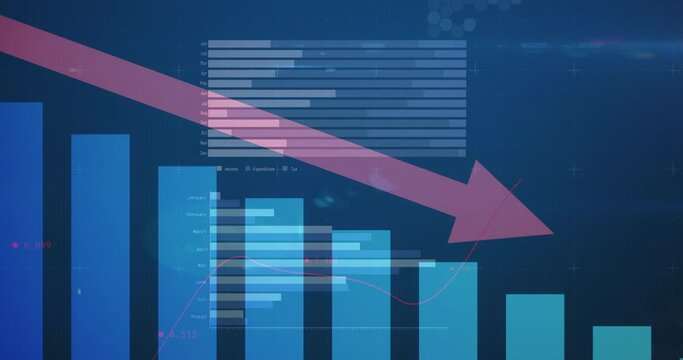 Animation of diverse graphs and arrow on blue background