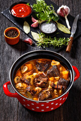 Beef Bourguignon, Beef Burgundy in pot, top view