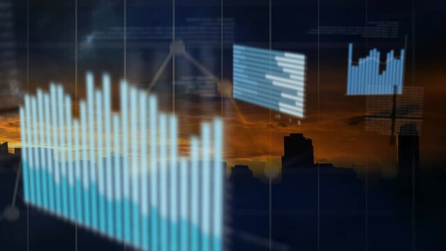 Animation of diverse graphs over cityscape at sunset