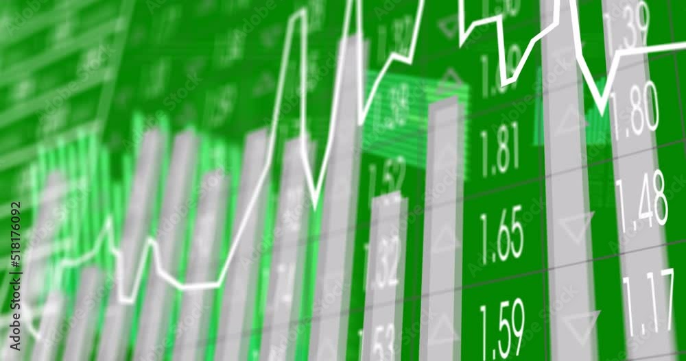 Poster animation of financial graphs and data on green background