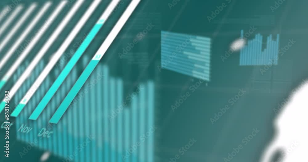 Poster animation of financial graphs and data on green background