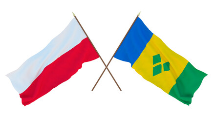 Background, 3D render for designers, illustrators. National Independence Day. Flags Poland and Saint Vincent