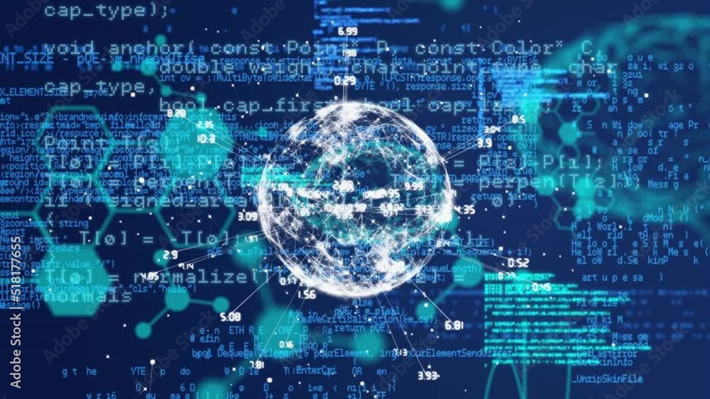 Aufkleber animation of chemical formulas over globe with connections and data on navy background