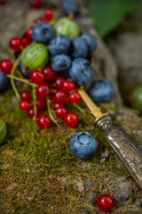 Blueberries, gooseberries and red currants in an old silver spoon, vintage style on an old stone background. Soft, selective focus.
