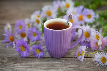 Lilac mug of tea and Aster alpinus on an old wooden table. Rustic style