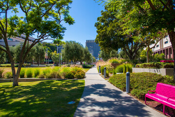 a gorgeous summer landscape in the park with pink benches surrounded by lush green trees, grass and...