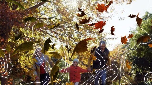 Animation of isohypses and autumn leaves over happy caucasian family in park