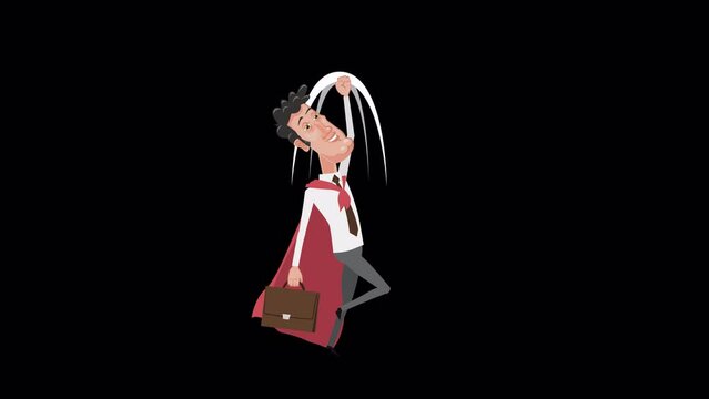 Cartoon male clerk superhero character in red cape flies up animation with alpha channel