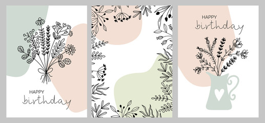 Happy birthday! A set of greeting cards with flowers and plants. Botanical doodle-style design with space for text. For wedding invitations, blogs, frames, labels. Botanical rustic design.