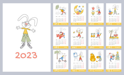 Calendar for 2023. Vertical design with rabbit. The rabbit character is a mascot, an oriental symbol of the year. Editable vector illustration, set of 12 months with a cover. The week starts on Monday