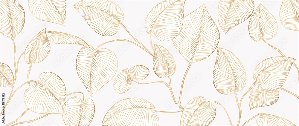 Wall mural Luxury art background with tropical leaves in gold color in line style. Hand drawn botanical banner with exotic plants for wallpaper, decor, print.