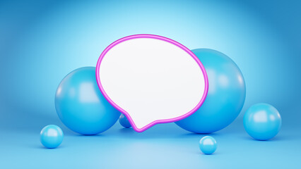 Blue balls and pink banner. Colorful trendy background. Abstract mockup for promotion and designs. Glossy materials, light blue backdrop, soft light.