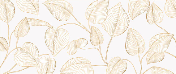 Luxury art background with tropical leaves in gold color in line style. Hand drawn botanical banner with exotic plants for wallpaper, decor, print.