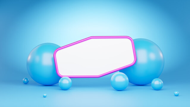 Blue balls and pink banner. Colorful trendy background. Abstract mockup for promotion and designs. Glossy materials, light blue backdrop, soft light.