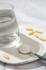 Different types of suplements - collagen, vitamins, protein in pills and powder form