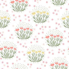 Fototapeta na wymiar Seamless pattern of a little flowers and branch with leaves. Abstract small flower patter. Vector illustration.
