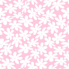 Pink warped smiling daisy pattern. Vector seamless pattern - 518180693