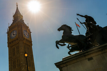 Big Ben, Houses of Parliament, Boadicea or Boudica statue on Westminster Bridge, London, England