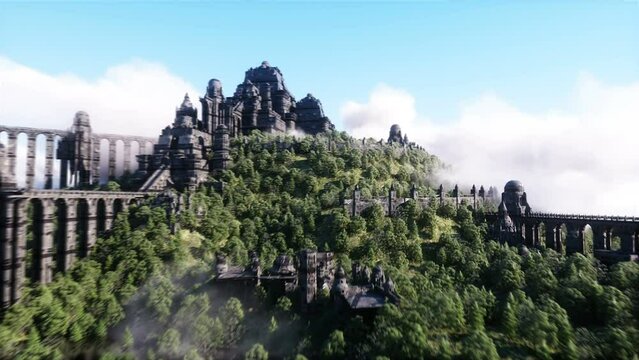 Fantasy fairy cyberpunk castle, palace in ocean. Postapocalypde concept. Dynamic trees. Realistic 4k animation.