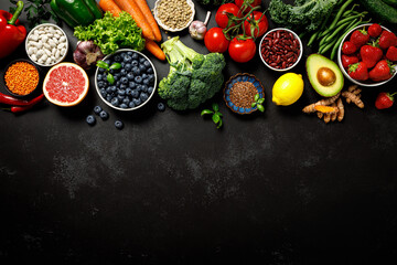 Obraz na płótnie Canvas Healthy food. Healthy eating background. Fruit, vegetable, berry. Vegetarian eating. Superfood