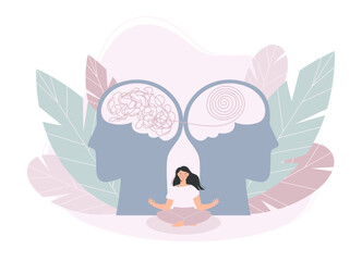 Mental health concept. Meditation mind healing. Meditating girl and two humans head silhouettes. Modern flat style vector illustration