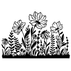 Wild Flowers illustration, Simple Floral meadow sketch silhouette, Minimalist Flower Bouquet, Botanical Paper Cut File