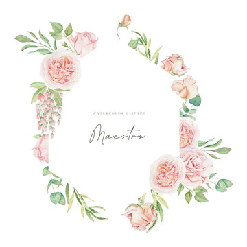 Watercolor pink roses with greenery and wild flowers wreath, perfect for wedding, bridal shower, baby shower, birthday invitations, wall art, wall decor, pink flora, beige flowers, green leaves