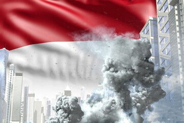 huge smoke pillar in abstract city - concept of industrial blast or terroristic act on Monaco flag background, industrial 3D illustration