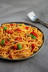 Homemade Spaghetti Pasta with Fresh Tomato Sauce on a Plate on a gray background, side view. Close-up.