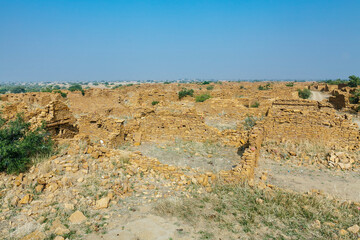 Ruins of adobe houses in Kuldhara village in the Thar Desert, Rajasthan, India, Asia