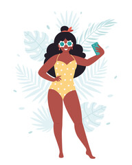 Black woman in retro glasses and swimsuit making selfie or recording video. Hello summer, summer vacation, summer fun. Hand drawn vector illustration