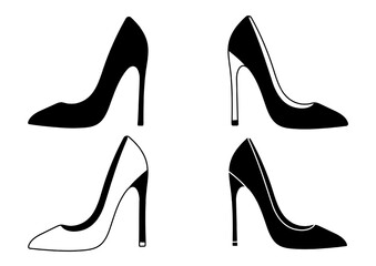 Set of outline black and white silhouette of women's shoes with heels, stilettos. Women's shoe model. Accessory.