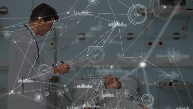 Animation of network of connections over caucasian male doctor with patient