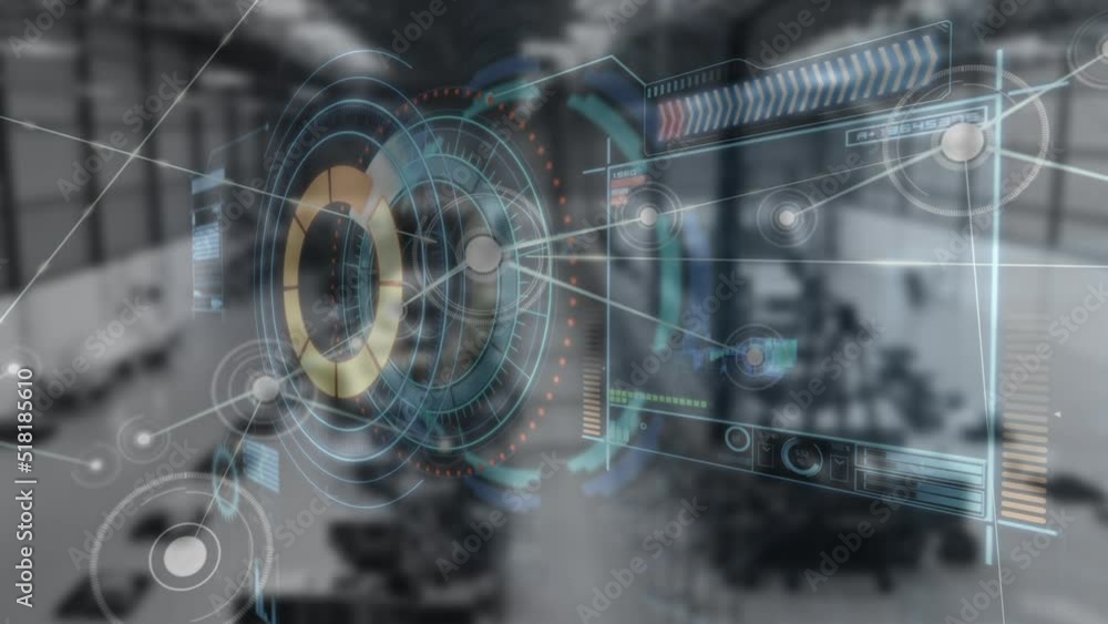 Poster Animation of digital screen with diverse data with processing circle over blurred warehouse