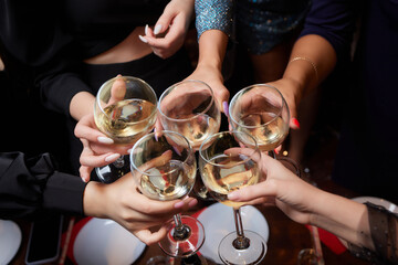 Celebrating with glasses of alcohol in hands. Happy female friends having good time.