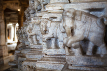 Fototapeta na wymiar Carved elephants inside of the Adinatha Temple, a Jain temple in Ranakpur, Rajasthan, India, Asia