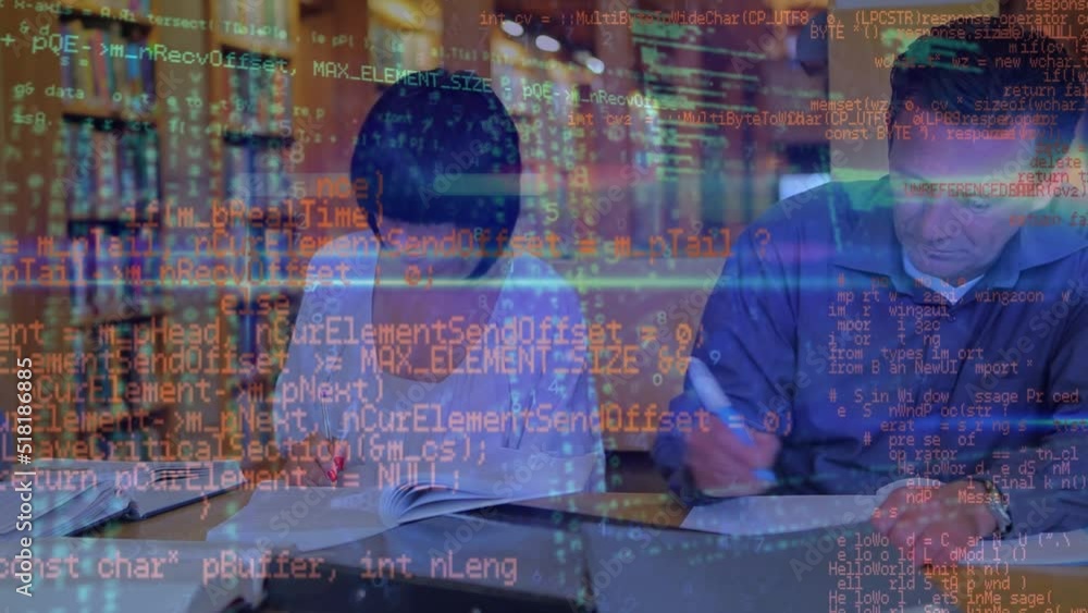 Aufkleber animation of data processing and light trails over diverse teachers in library